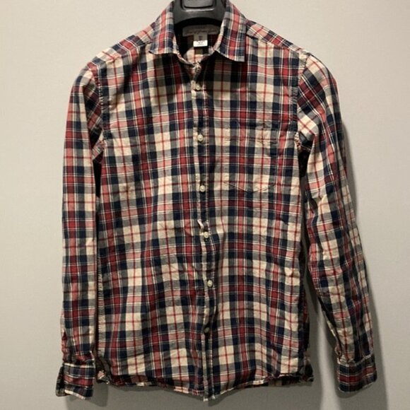 H&m Plaid Dark Blue, Red and Tan Button Down Long Fitted Sleeve Shirt Medium - Picture 9 of 9